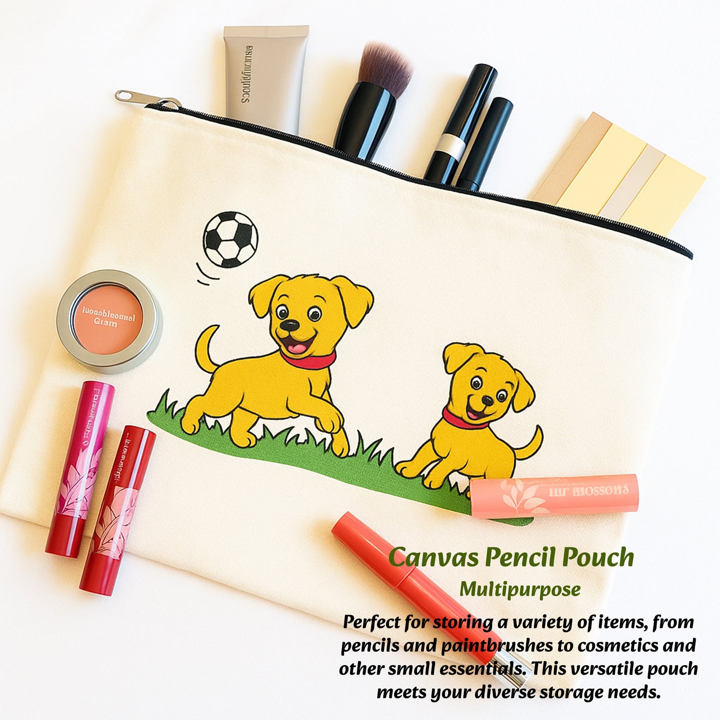 Canvas pencil pouch with cartoon dogs design, filled with makeup and stationery items.