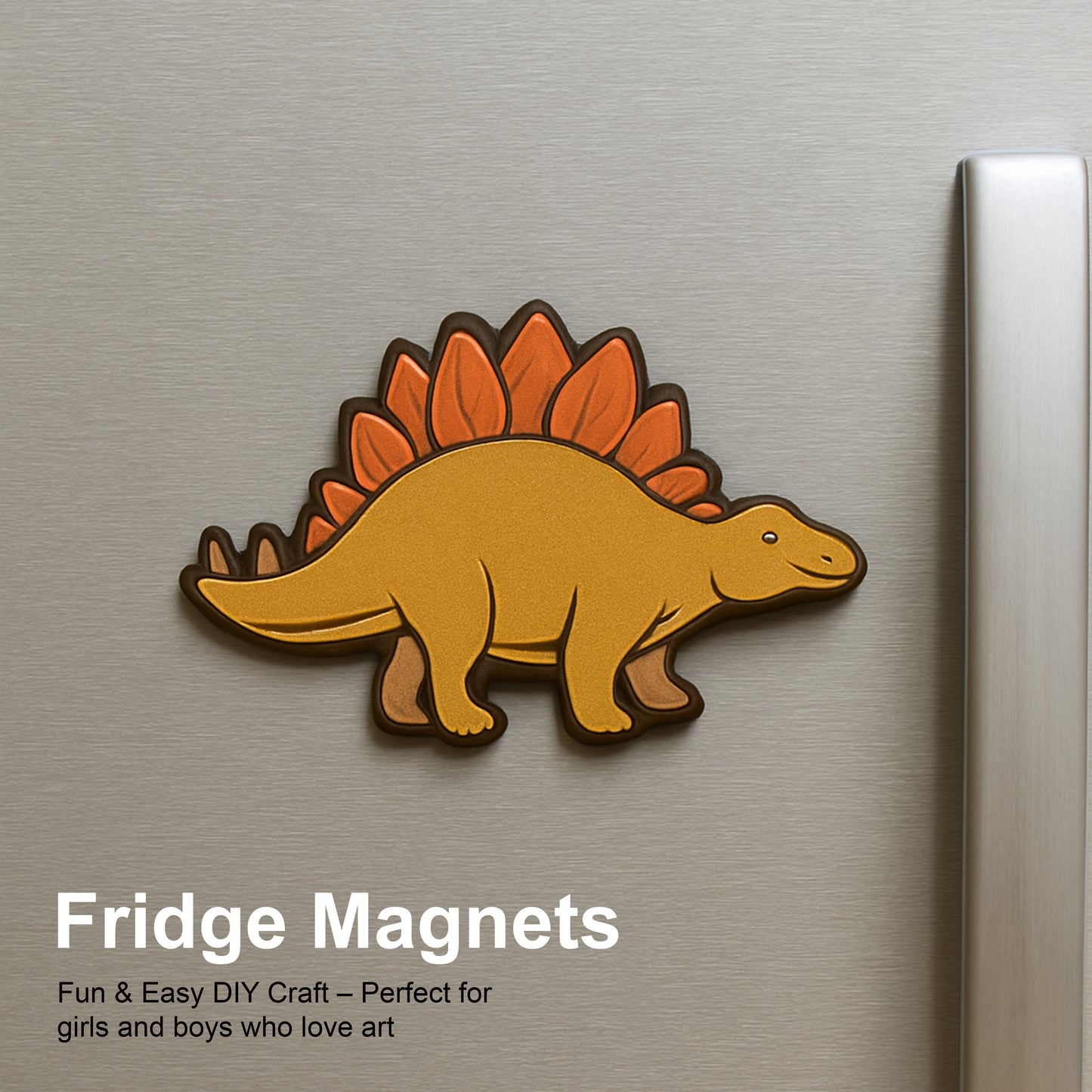 Dinosaur-shaped fridge magnet on a metallic surface with text about DIY craft.