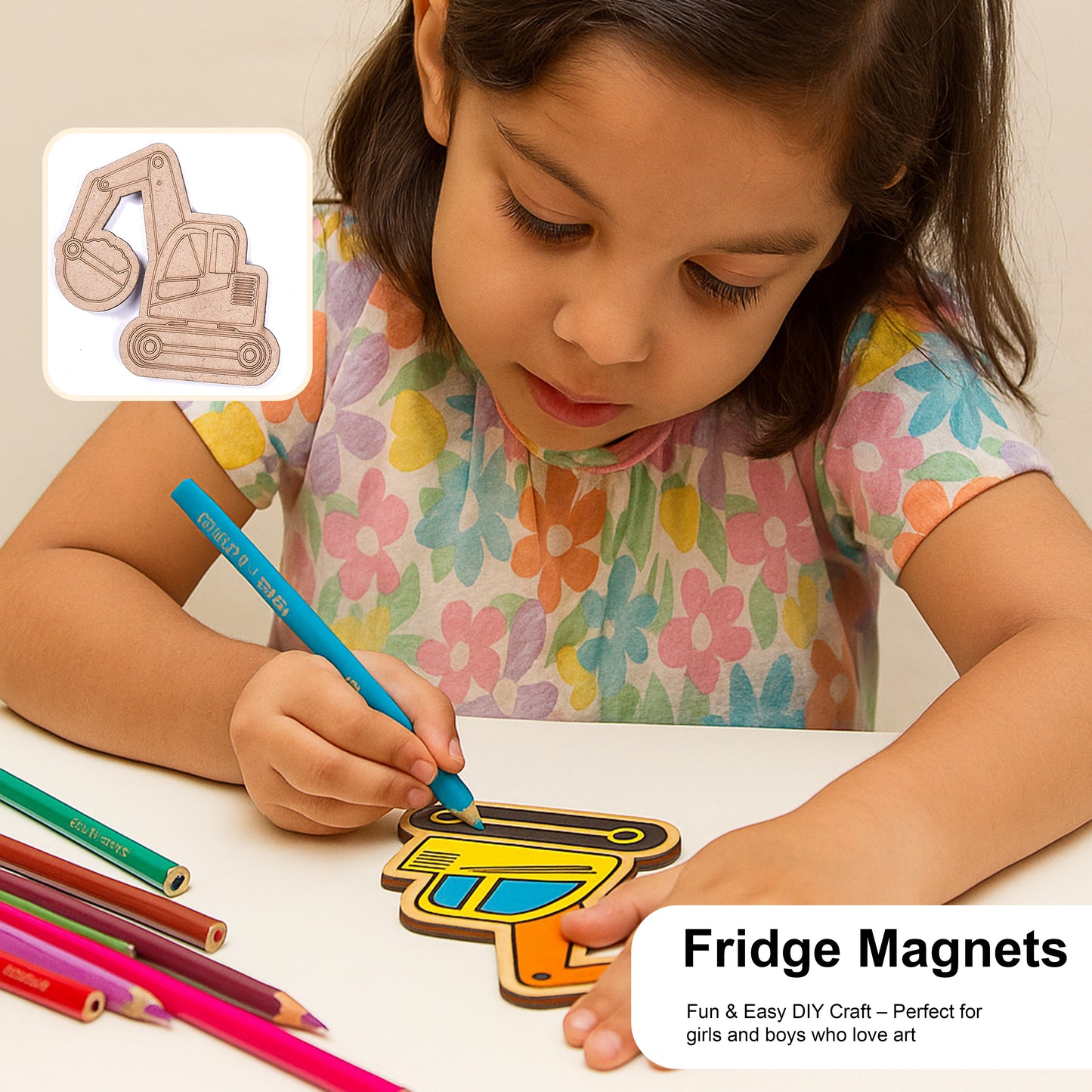 Child making a fridge magnet with a construction vehicle design, surrounded by colored pencils.