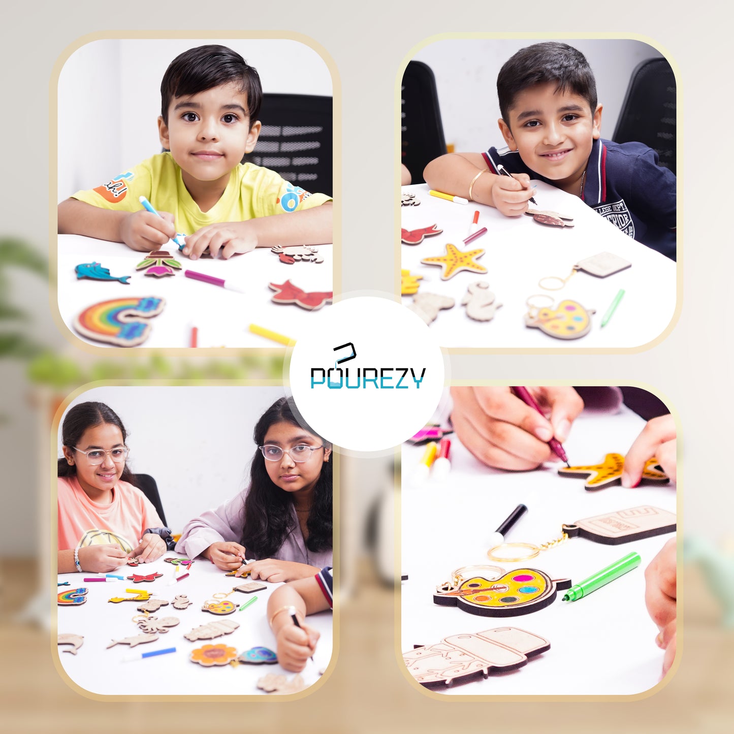 Children engaged in arts and crafts activities with various materials, featuring the brand 'POUREZY'.