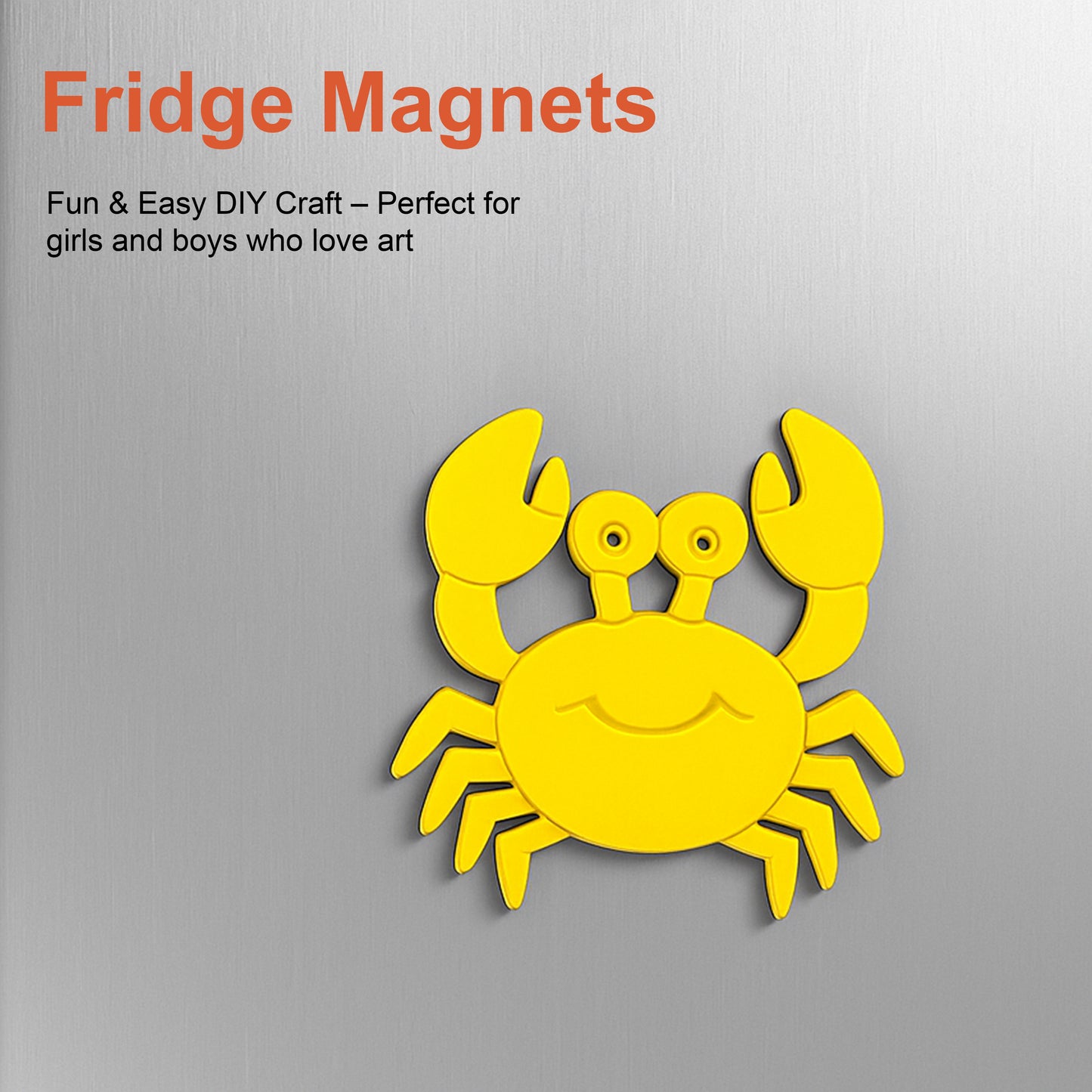 Yellow crab-shaped fridge magnet on a metallic surface with text about DIY craft.