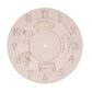 Unfinished wooden clock face with car, truck, and bus designs on a white background