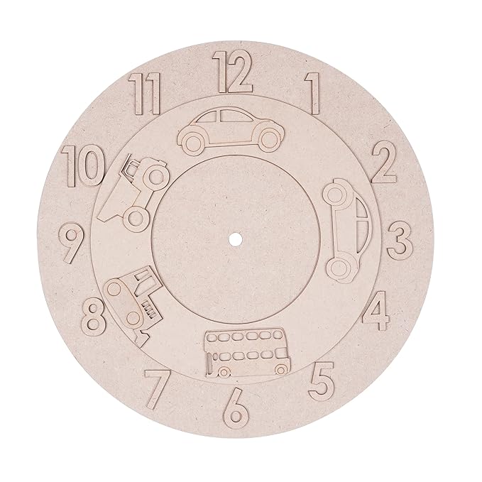 Unfinished wooden clock face with car, truck, and bus designs on a white background