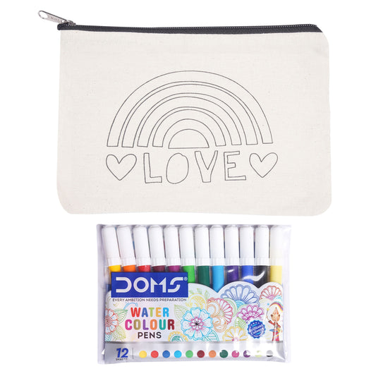 Canvas pouch with rainbow and 'LOVE' design, containing DOMS watercolor pens.