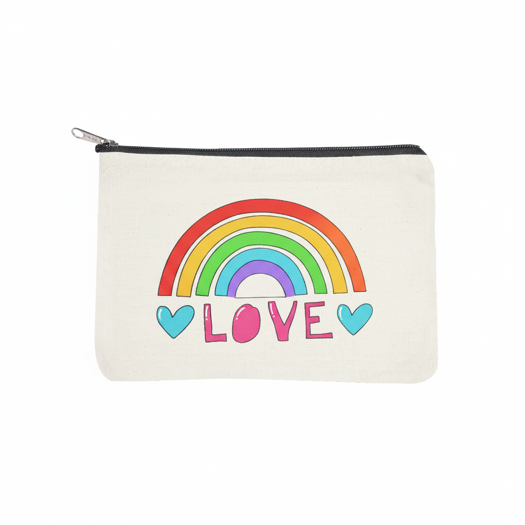 Canvas pouch with a rainbow and 'LOVE' text on a white background