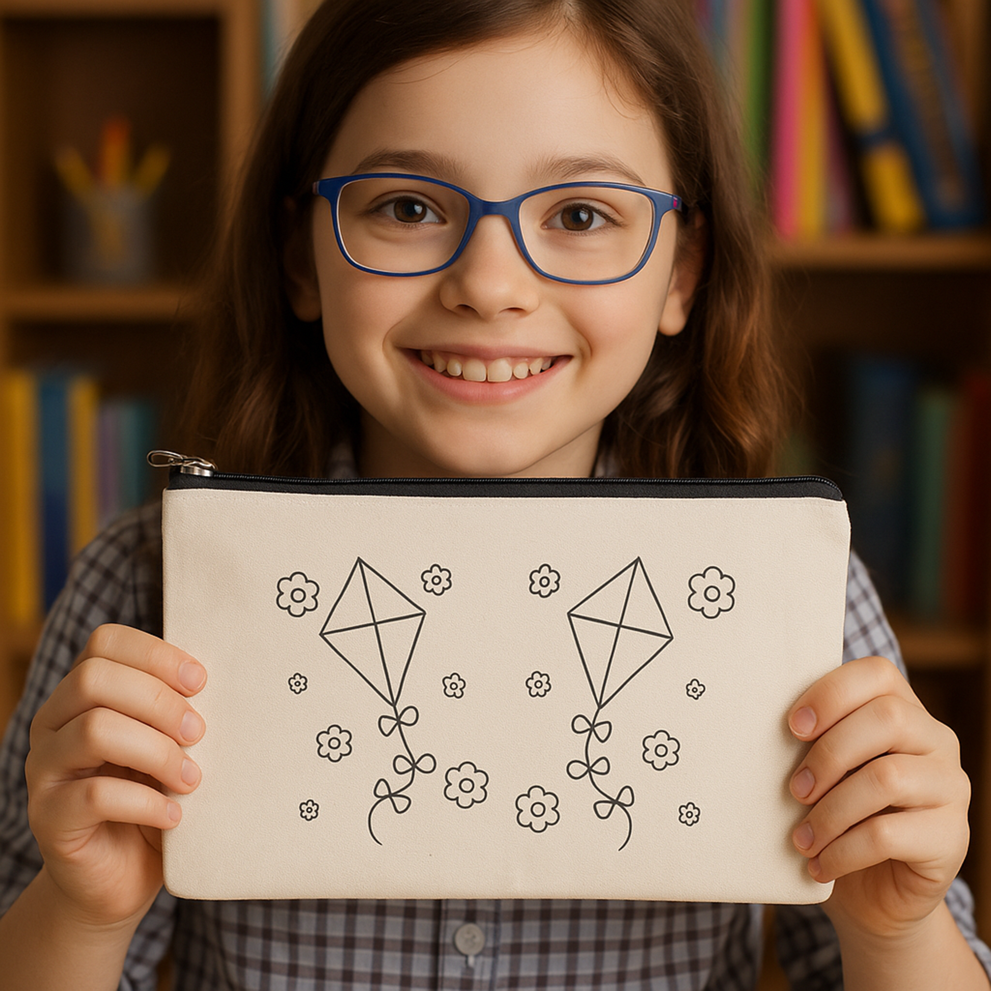 Child holding a pouch with kite designs in front of a bookshelf