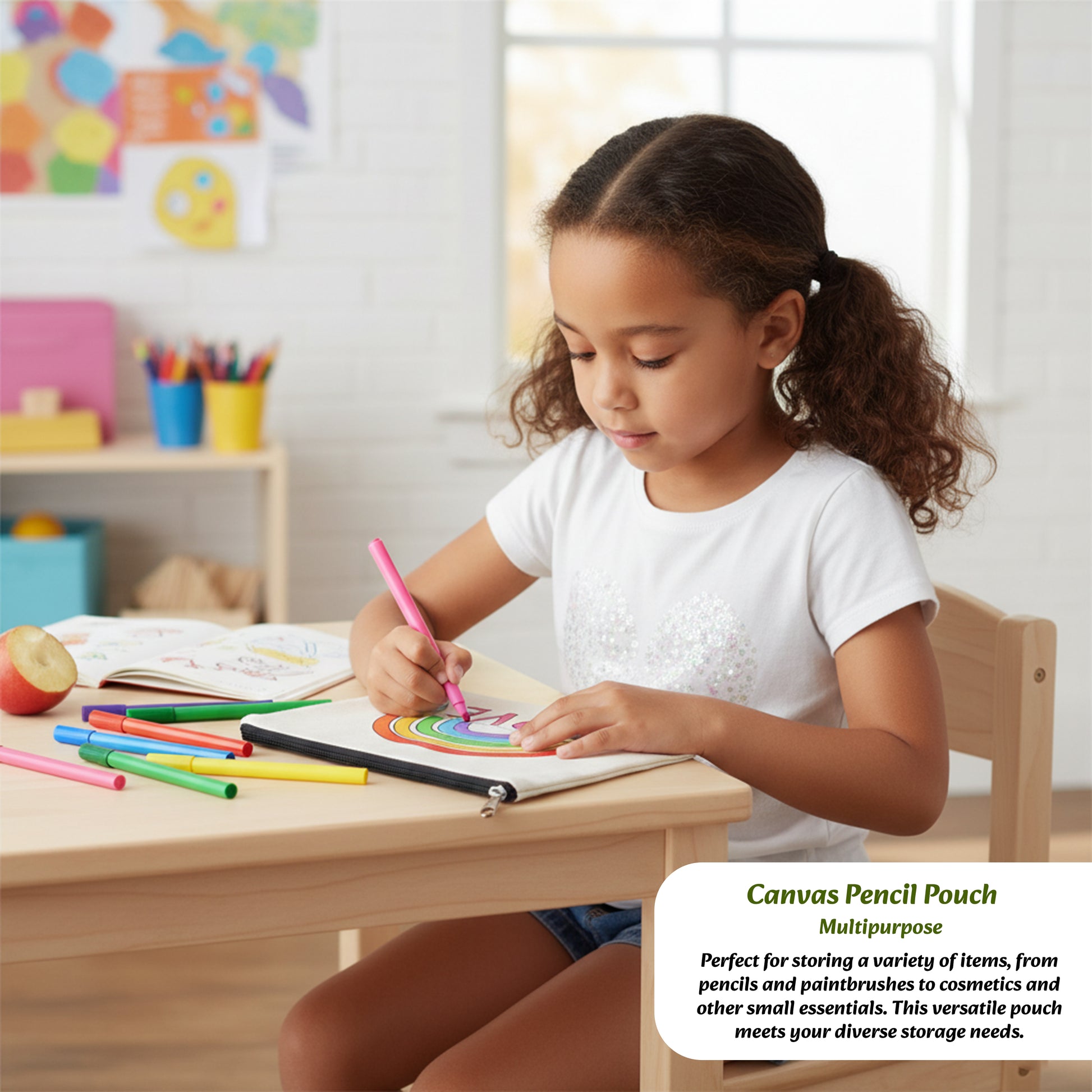 Child drawing with colored pencils in a classroom setting