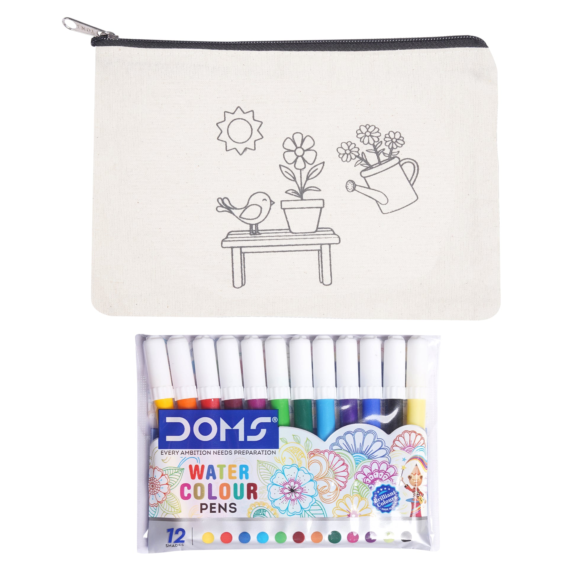 Pencil case with gardening illustration and Doms watercolor pens set