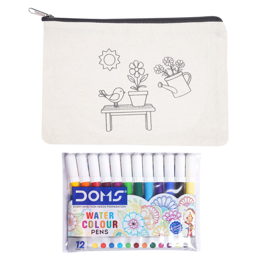 Pencil case with gardening illustration and Doms watercolor pens set