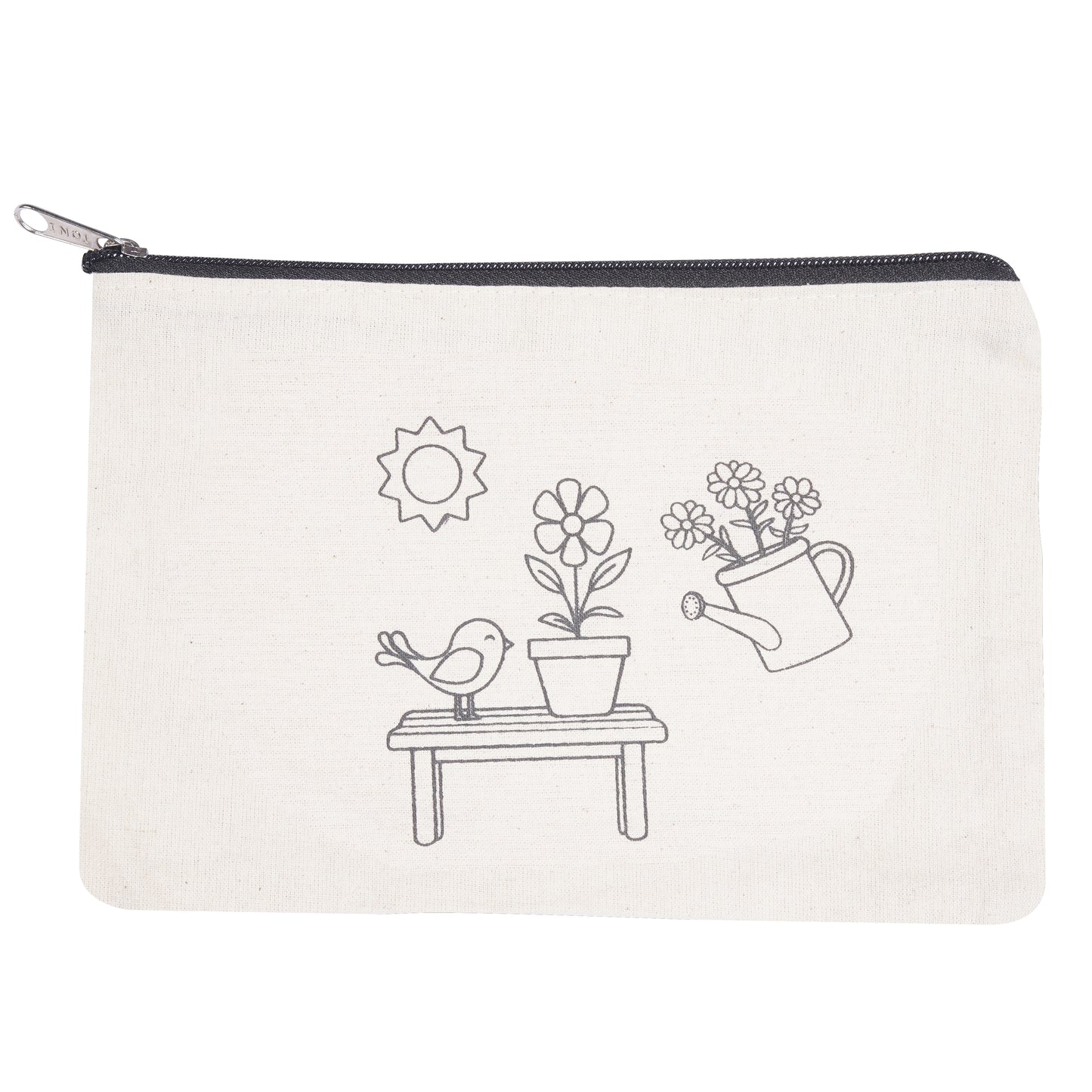 Canvas pouch with garden-themed design featuring a sun, flowers, pots, and a bird on a white background.