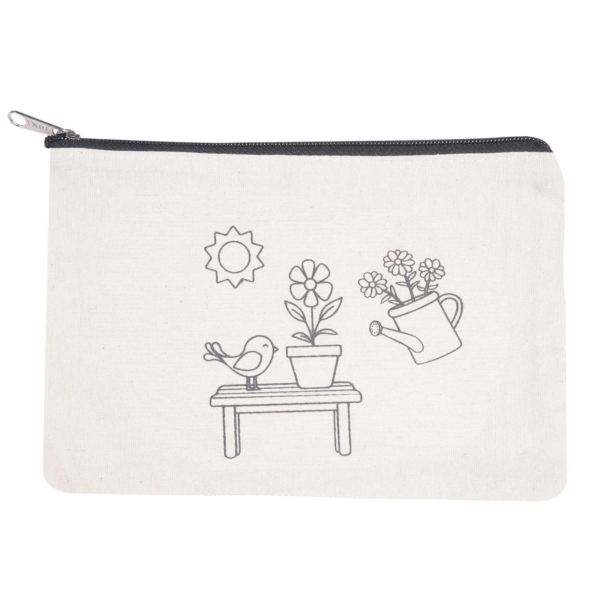 Canvas pouch with garden-themed design featuring a sun, flowers, pots, and a bird on a white background.