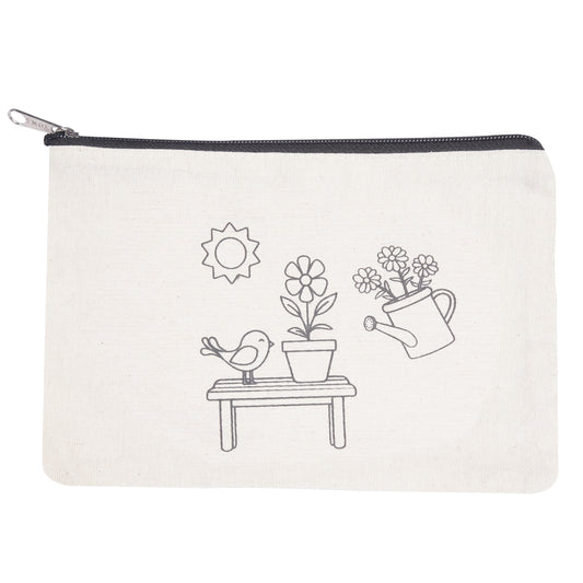 Canvas pouch with garden-themed design featuring a sun, flowers, pots, and a bird on a white background.