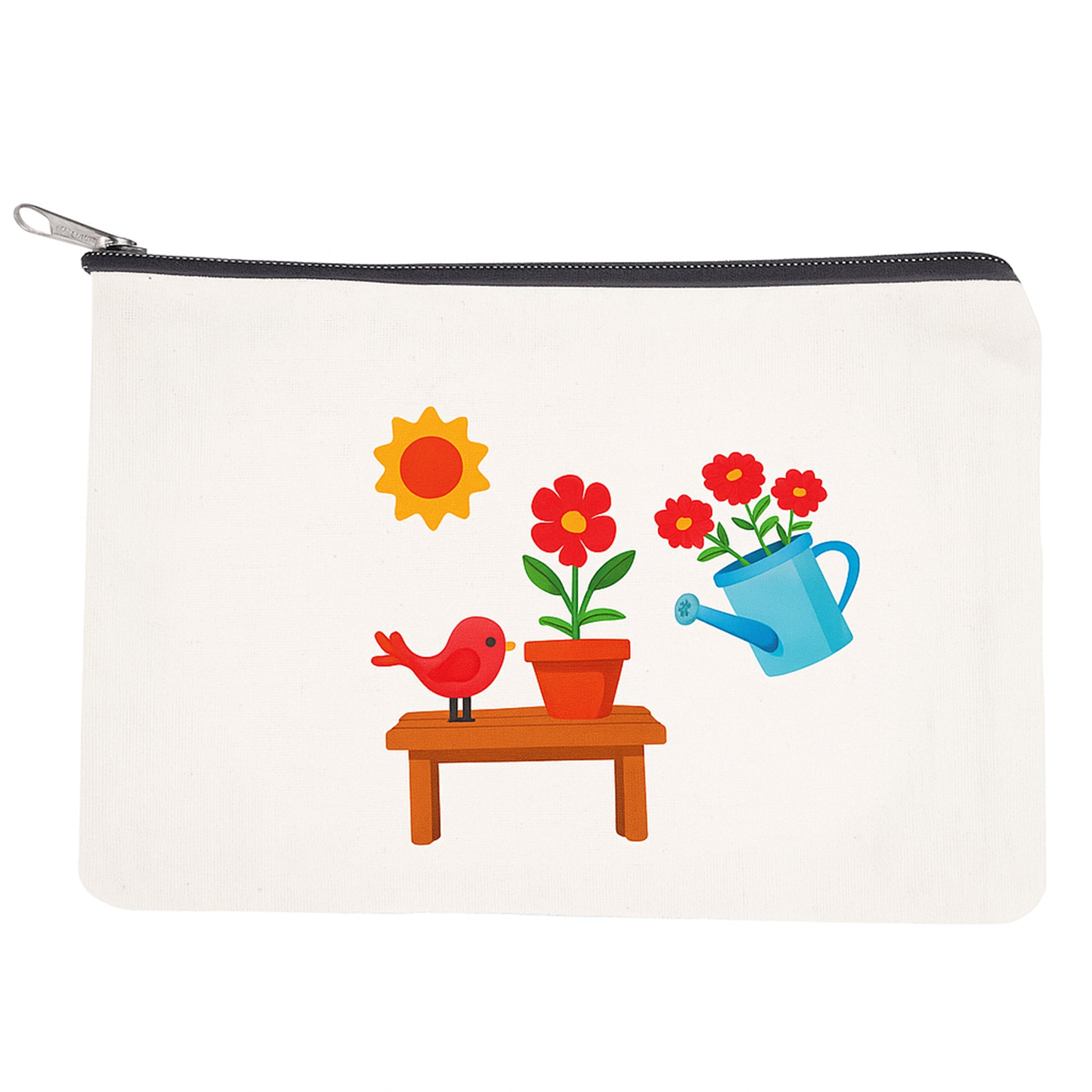 White pouch with colorful design of a bird, sunflower, potted plant, and watering can on a white background
