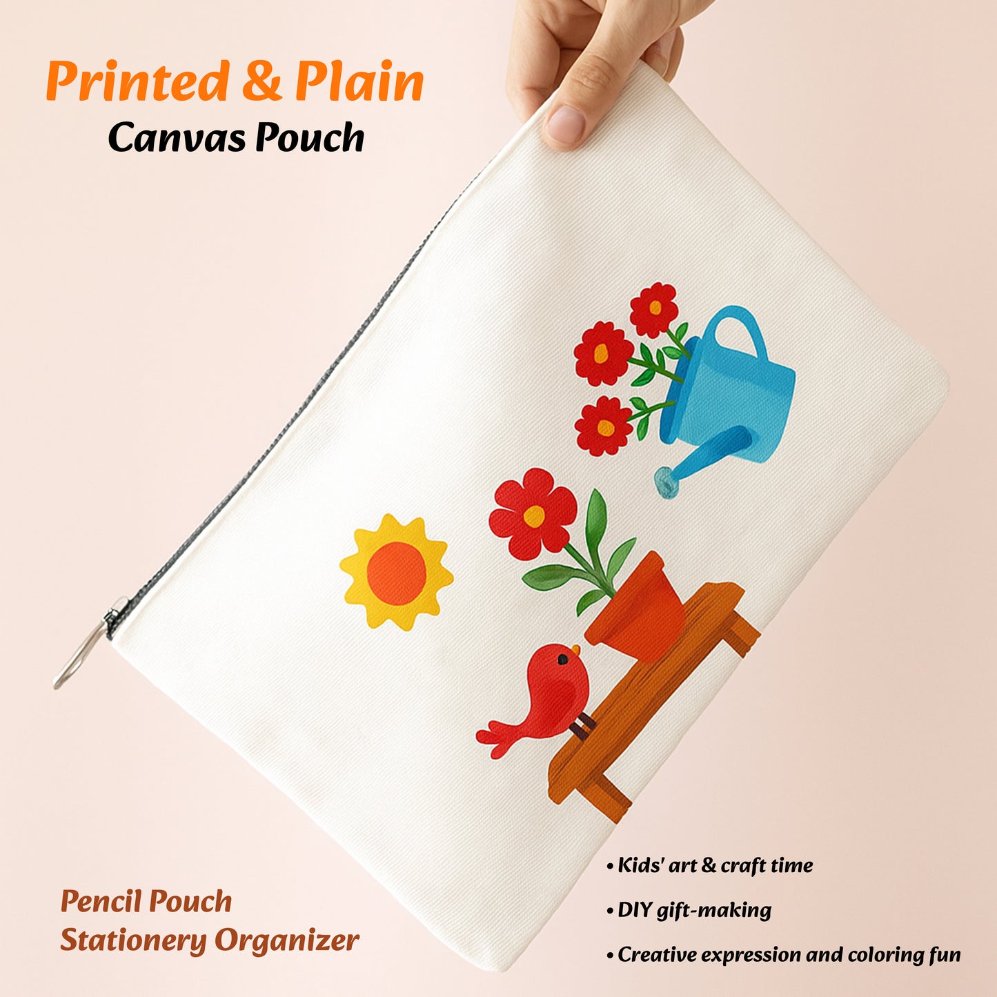 Canvas pouch with gardening-themed design held by a hand on a light pink background