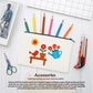 Colorful pencil case with bird and flower design on a white surface with stationery items.