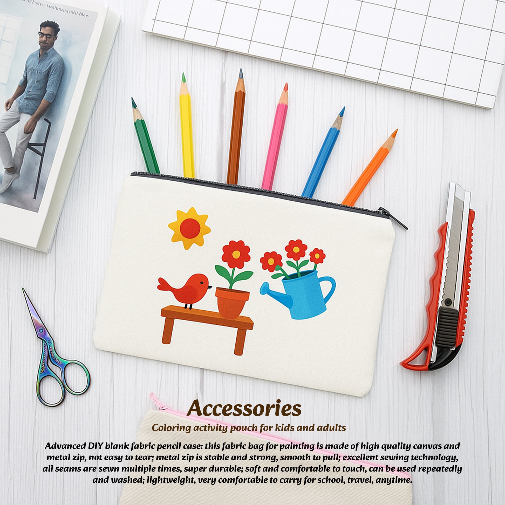 Colorful pencil case with bird and flower design on a white surface with stationery items.