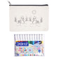 Pencil case with duck design and Doms watercolor pens on a white background
