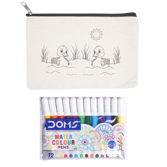 Pencil case with duck design and Doms watercolor pens on a white background