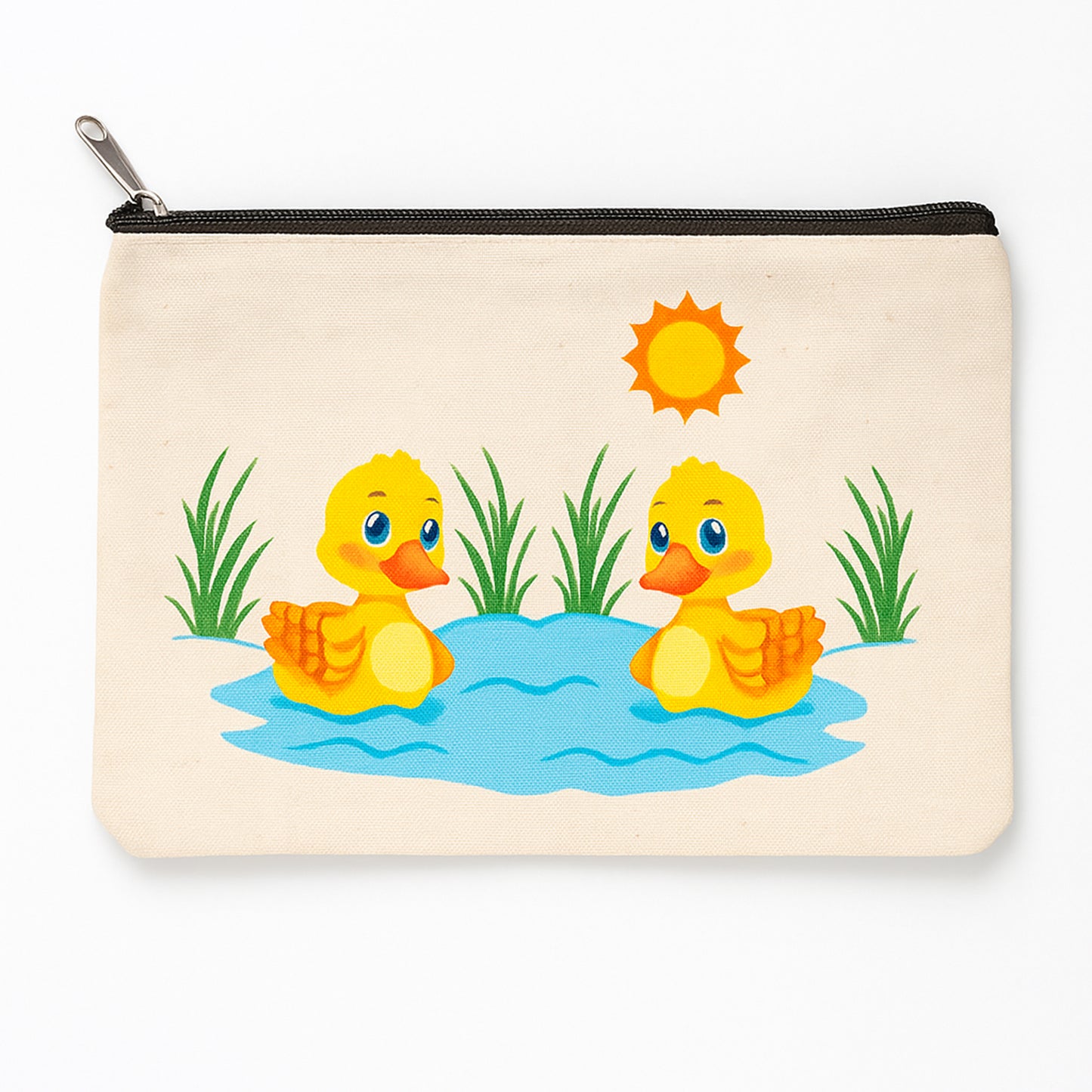 Pouch with two yellow ducks in water and a sun illustration on a white background
