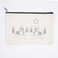 Canvas pouch with black line drawing of two ducks and a sun on a white background