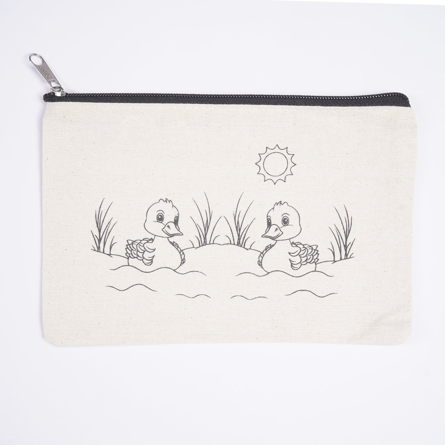Canvas pouch with black line drawing of two ducks and a sun on a white background