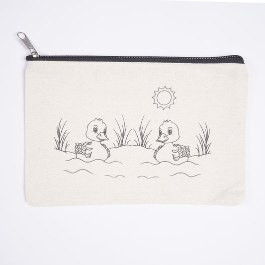 Canvas pouch with black line drawing of two ducks and a sun on a white background