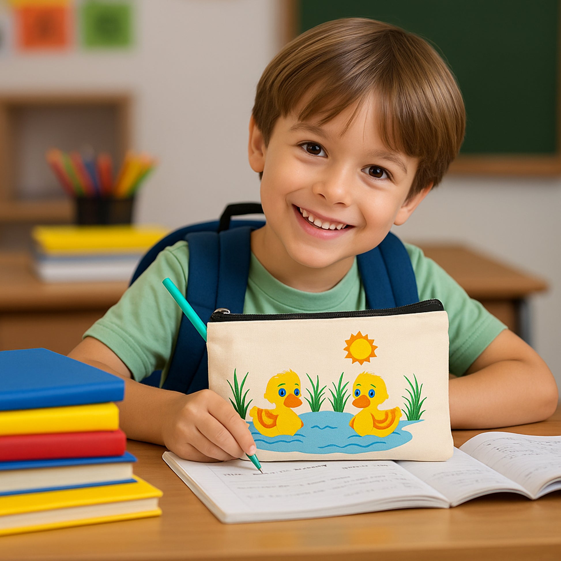 Child with a backpack holding a pouch with duck designs, sitting at a desk in a classroom.
