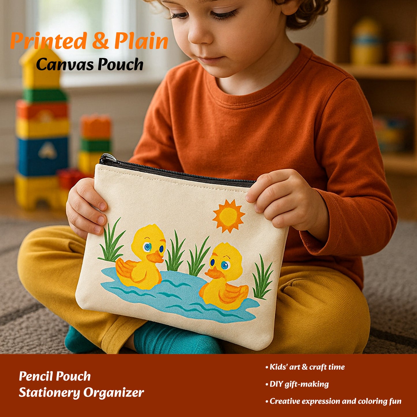 Child holding a pouch with duck illustrations in a playroom setting