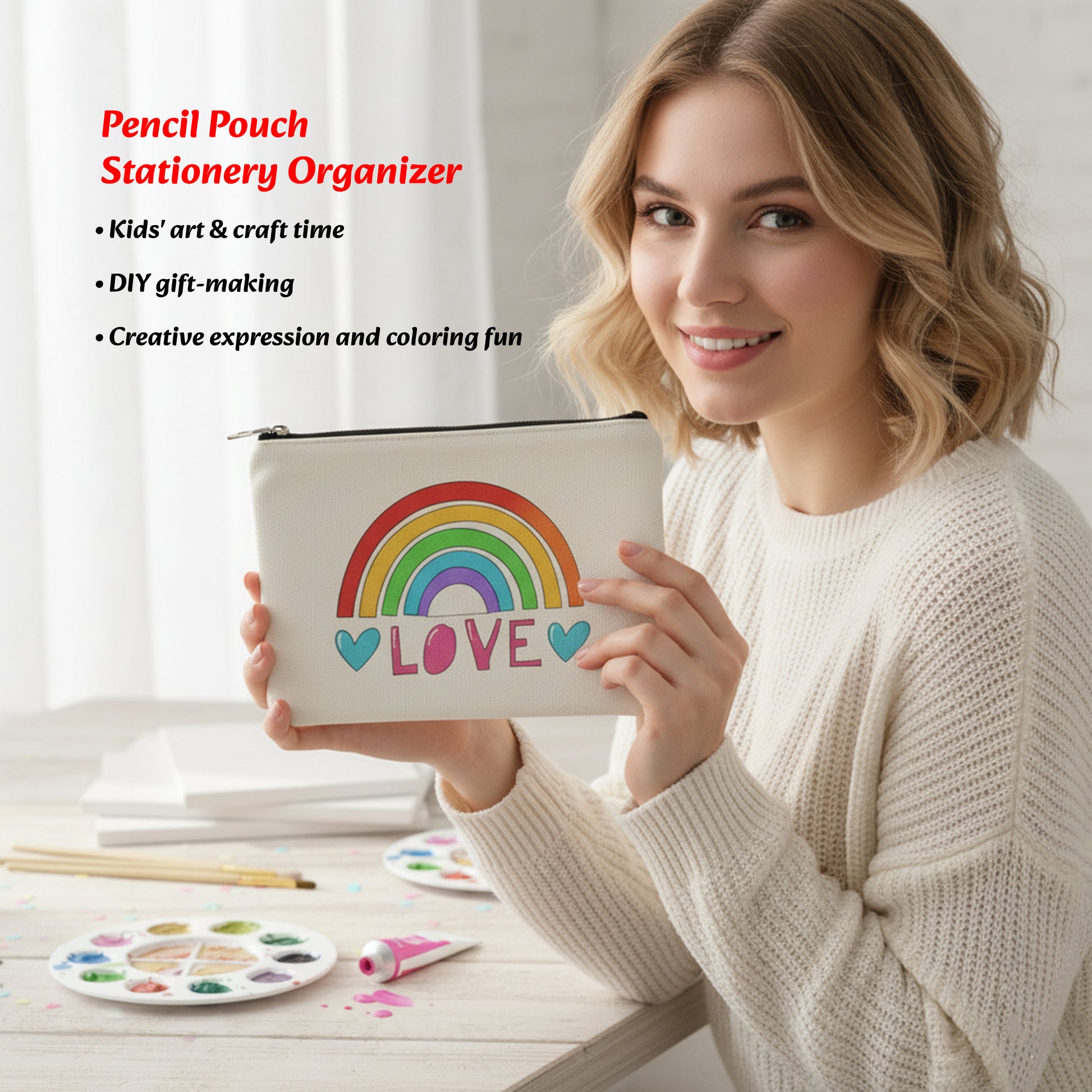 Woman holding a pencil pouch with a rainbow and 'LOVE' design, surrounded by art supplies.