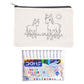 Pouch with horse illustrations and a set of DOMS watercolor pens on a white background