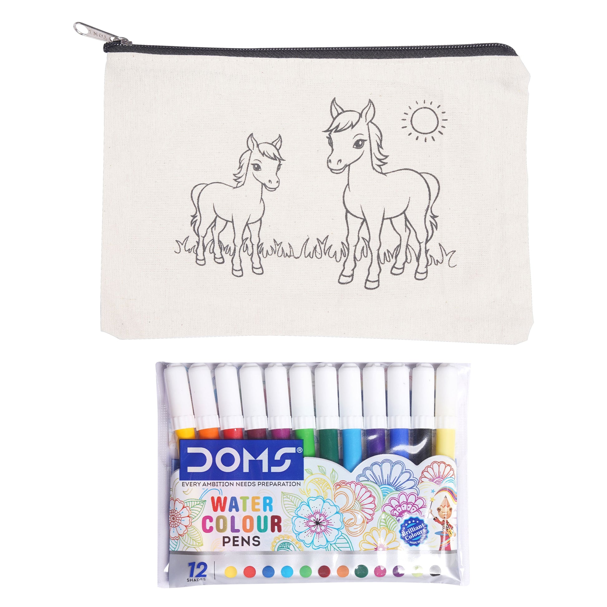 Pouch with horse illustrations and a set of DOMS watercolor pens on a white background