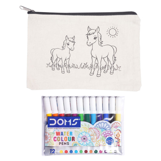 Pouch with horse illustrations and a set of DOMS watercolor pens on a white background
