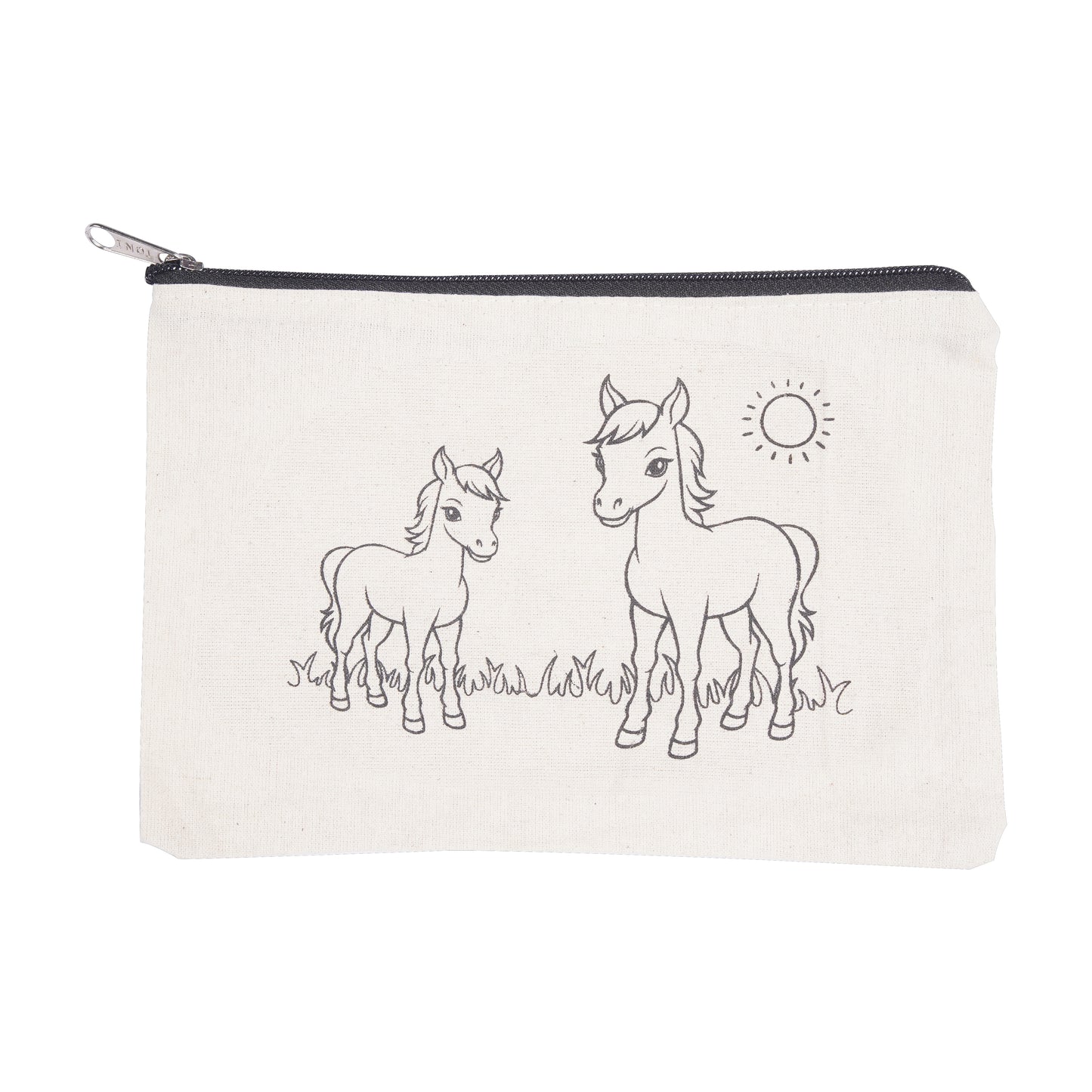 Canvas pouch with horse illustrations and text on a white background