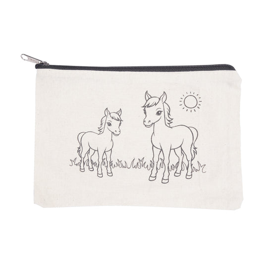 Canvas pouch with horse illustrations and text on a white background