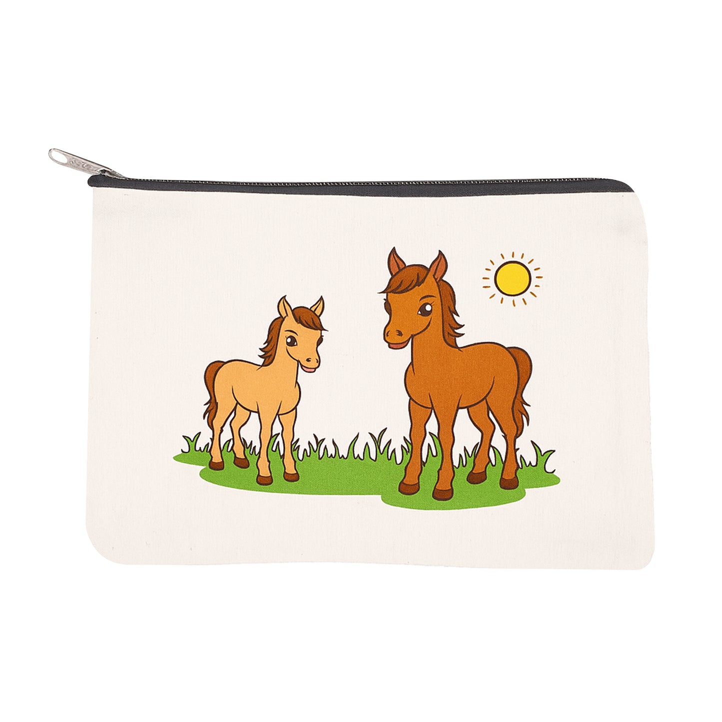 Pouch with illustration of two horses and a sun on a white background