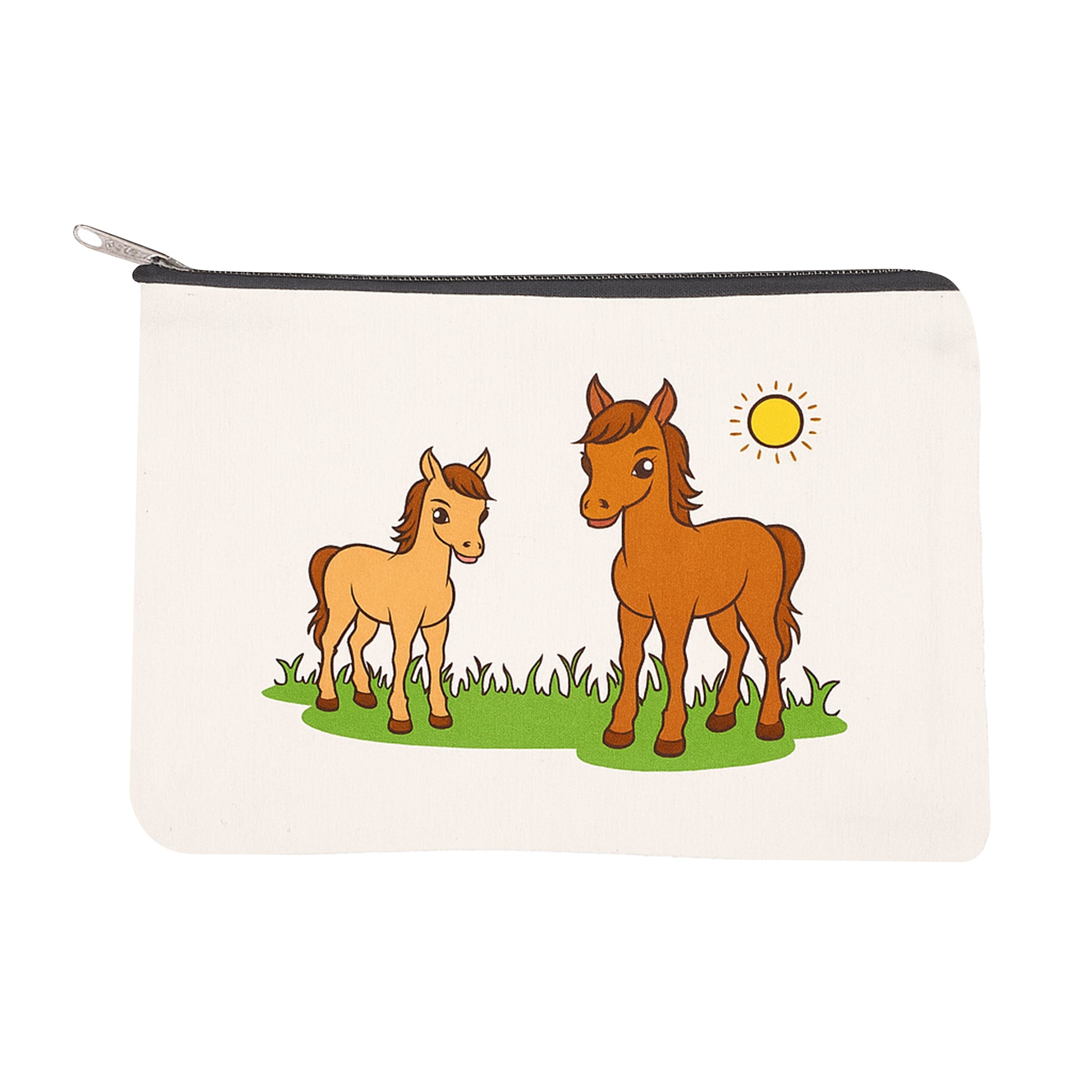 Pouch with illustration of two horses and a sun on a white background