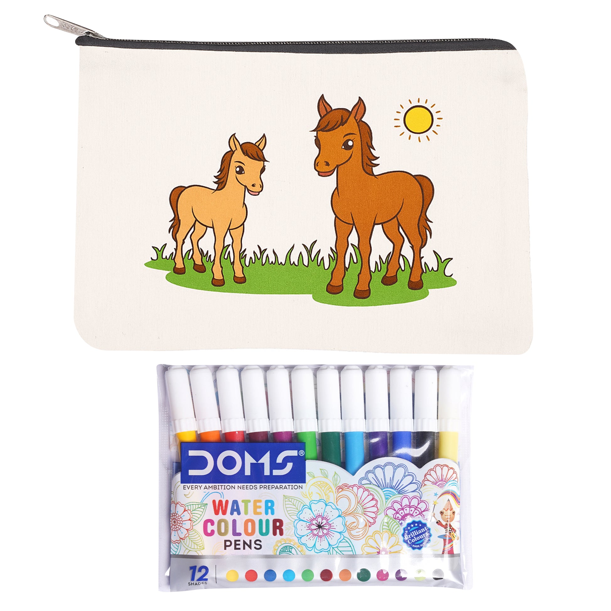 Pouch with horse illustration and DOMS watercolor pens packaging on a white background
