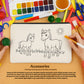 Coloring activity pouch with two horses on a wooden table with art supplies