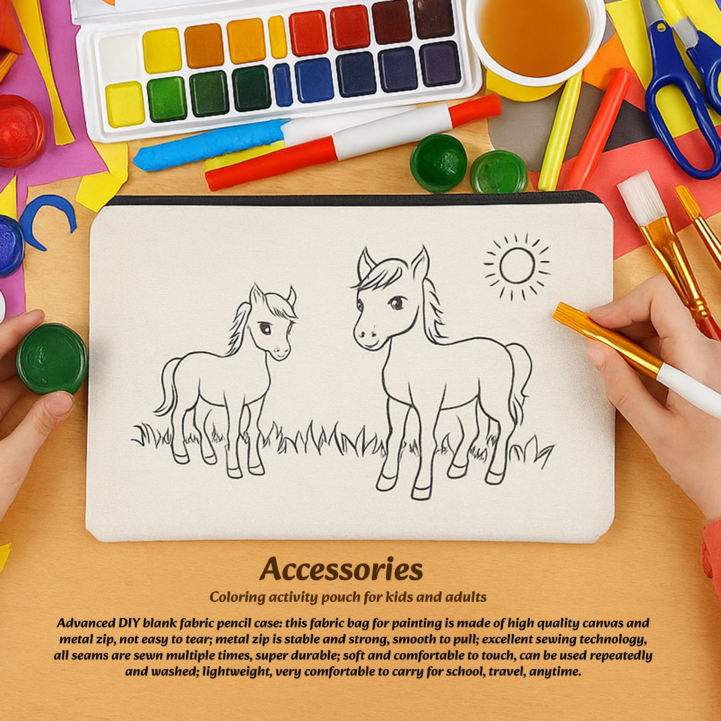 Coloring activity pouch with two horses on a wooden table with art supplies