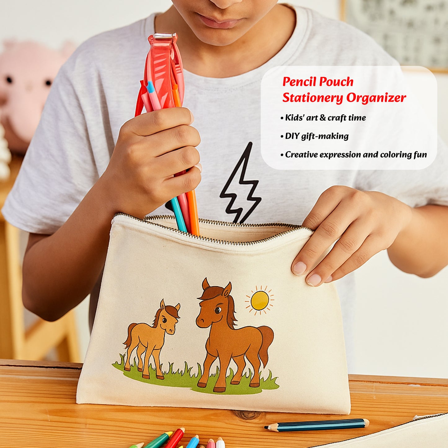 Child holding a pencil pouch with cartoon horses, filled with colorful pens.