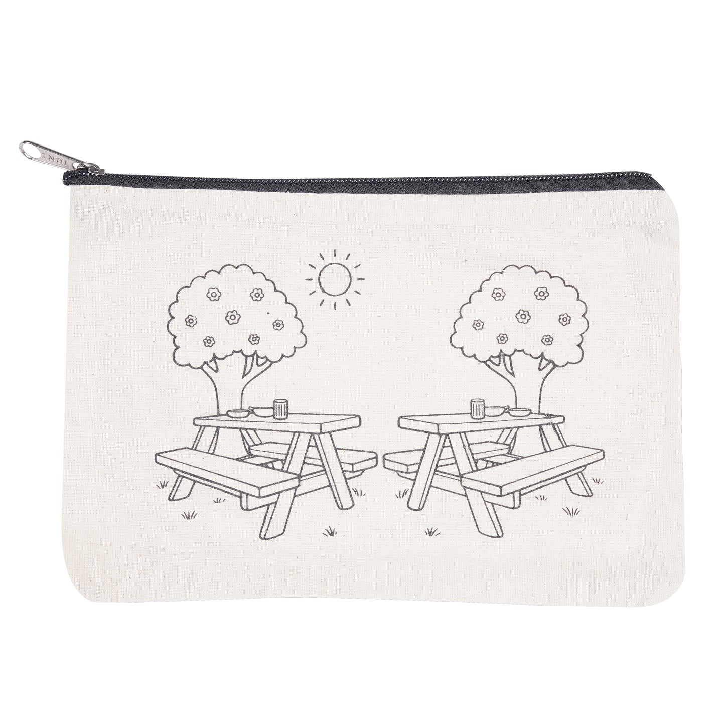 Pouch with black and white illustration of picnic tables and trees on a white background