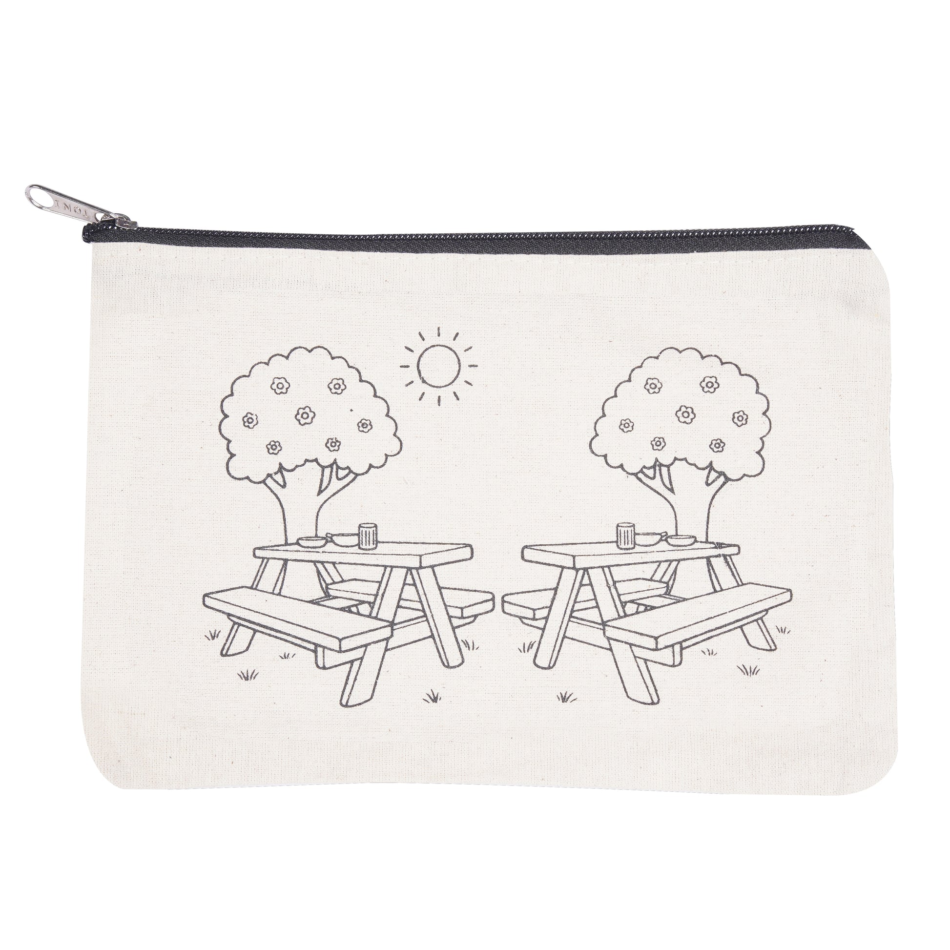 Pouch with black and white illustration of picnic tables and trees on a white background