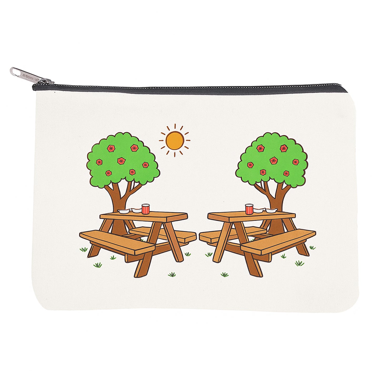 Pouch with picnic design featuring two tables, benches, trees, and a sun on a white background.