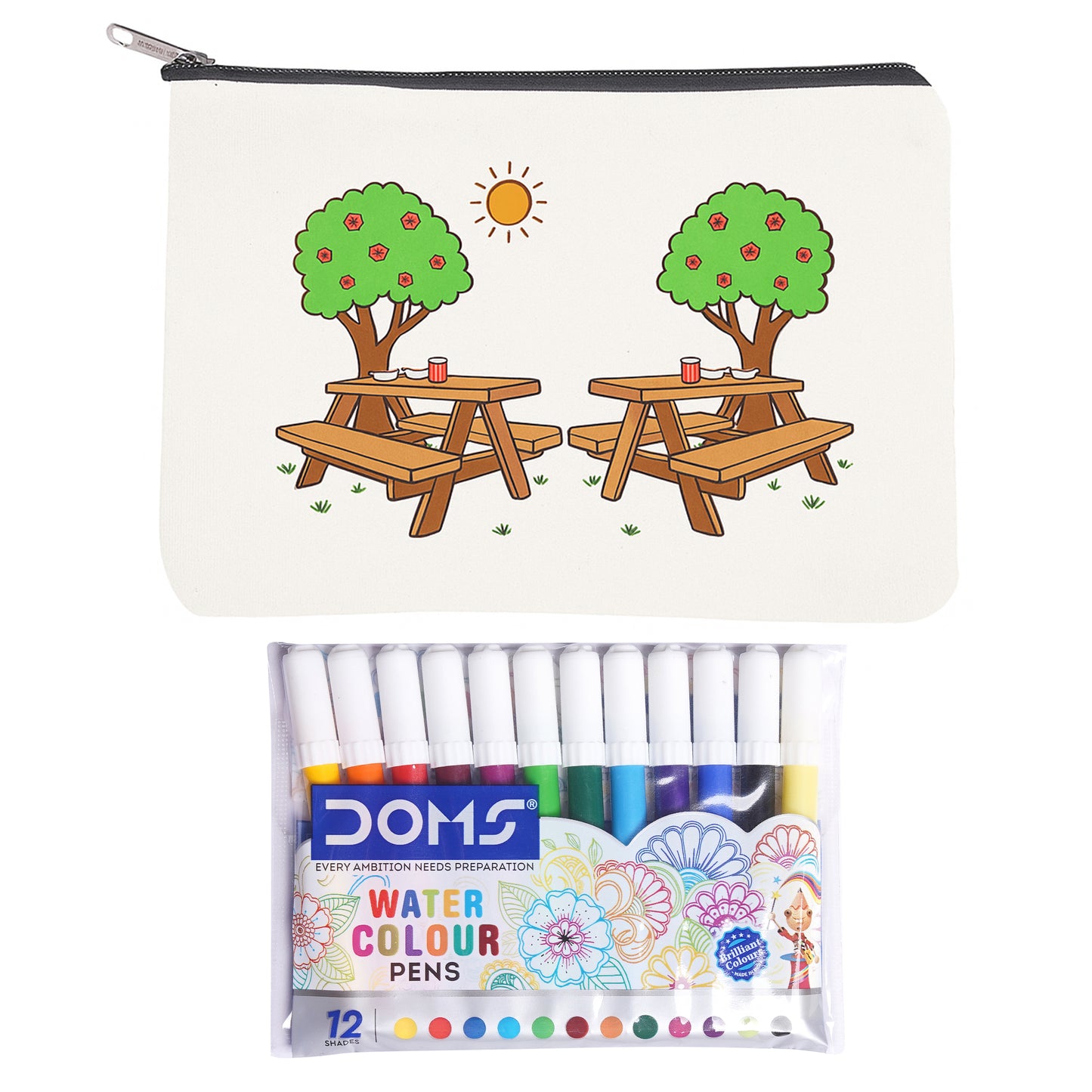 Pencil case with picnic design and DOMS watercolor pens packaging