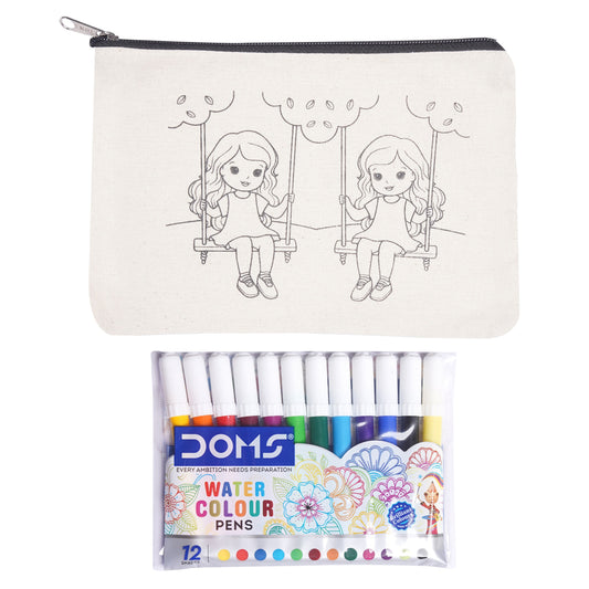 Pencil case with coloring design of two girls on swings and a set of DOMS watercolor pens.