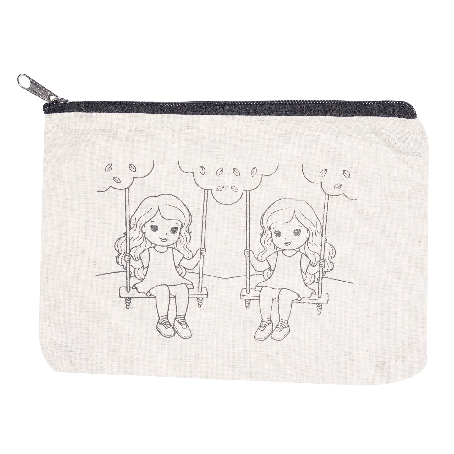 Pouch with illustrations of two girls on swings on a white background