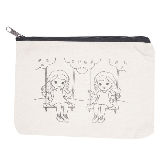Pouch with illustrations of two girls on swings on a white background