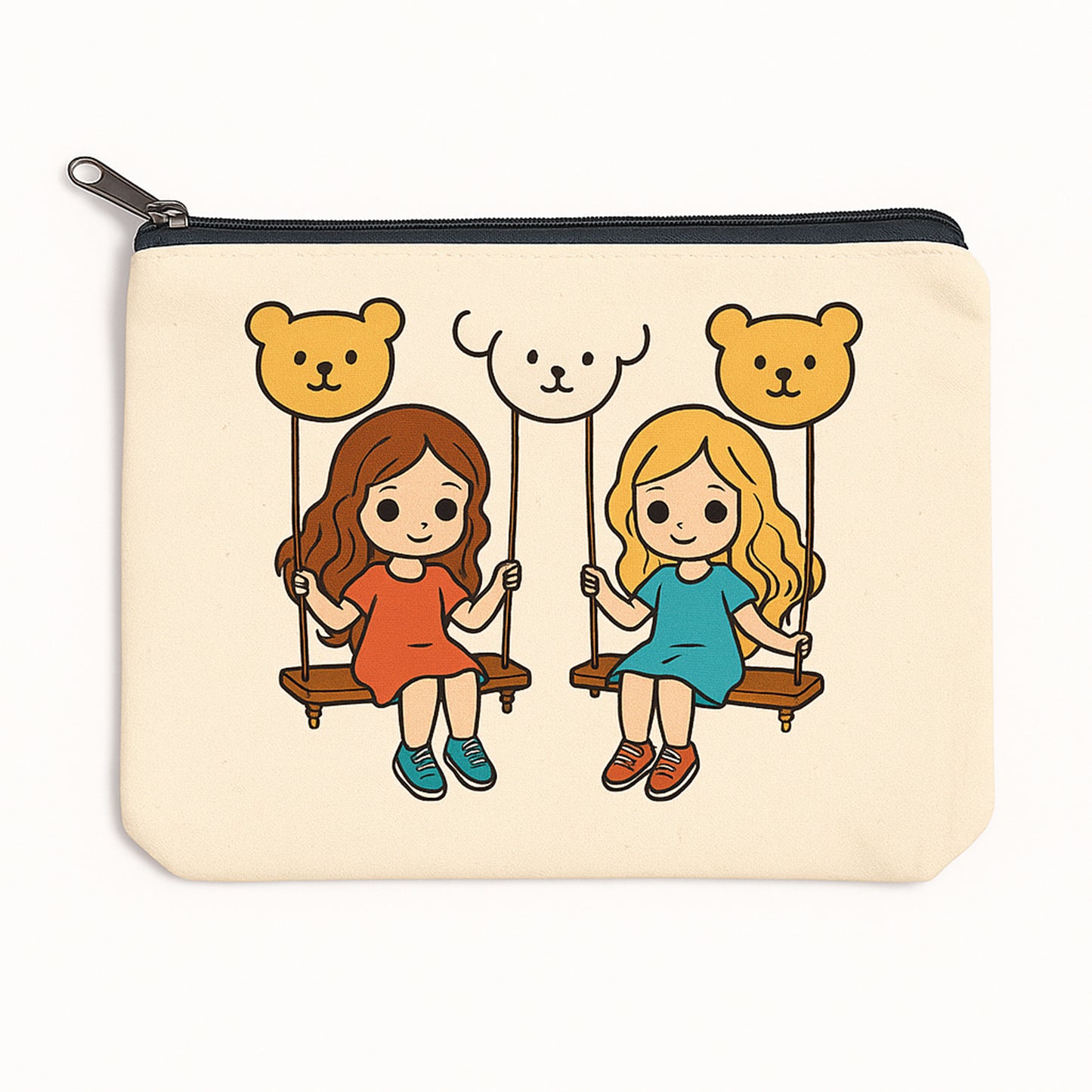 Pouch with cartoon design of two girls on swings with bear faces, on a beige background.