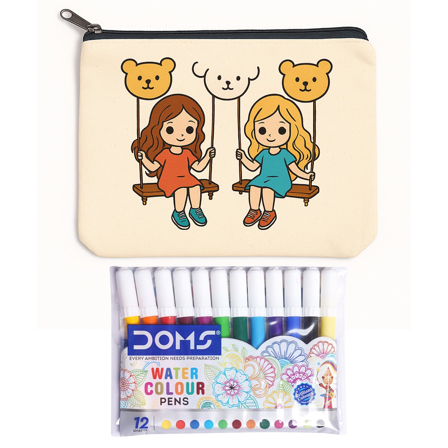 Pencil case with cartoon design of two girls on swings and a pack of DOMS watercolour pens.