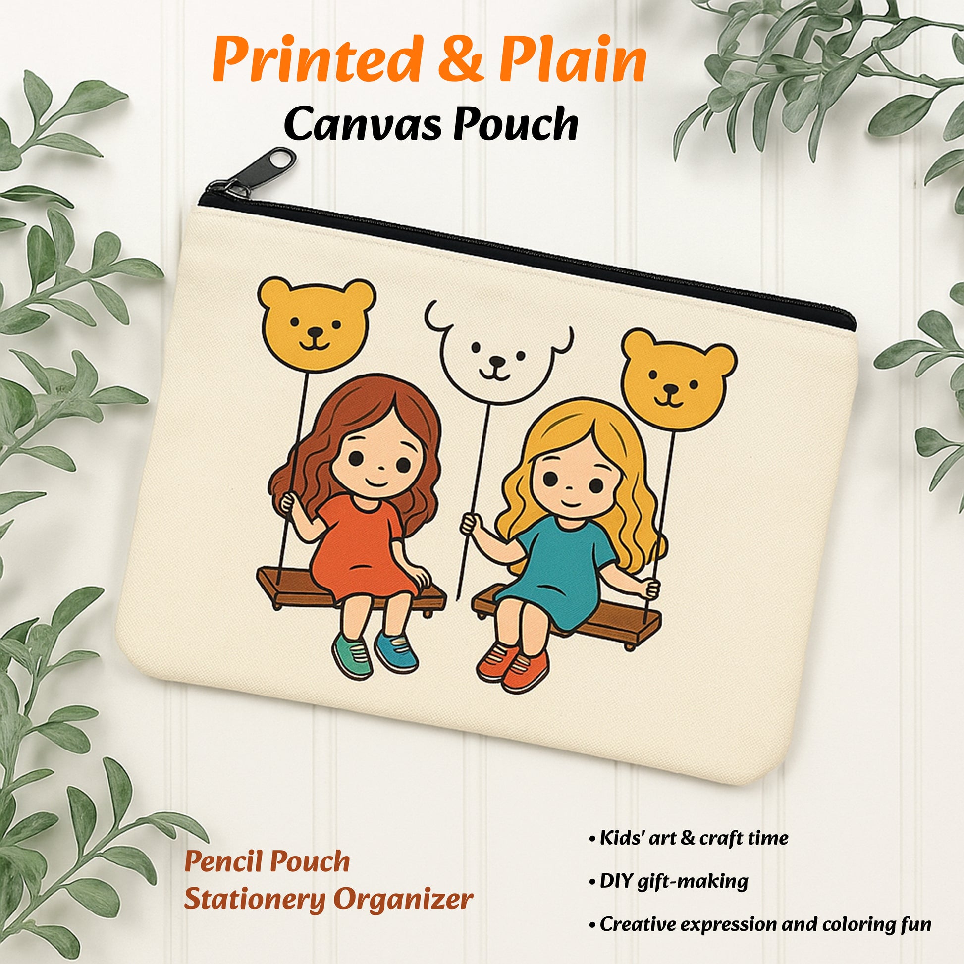 Canvas pouch with cartoon designs of children on swings and bears, surrounded by green leaves.